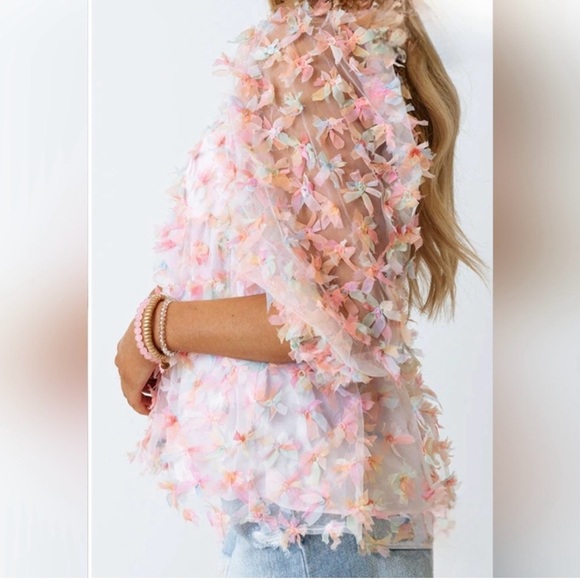 Storia 3D Butterfly Kiss Baby Doll Mesh Sheer Top Pink Rainbow Women's Size M - Picture 6 of 12